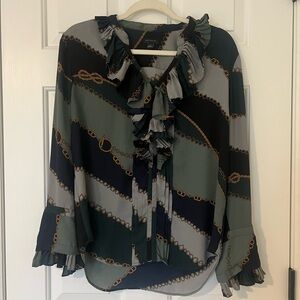 Ann Taylor Ruffled Blouse - Green and Black Chain Print